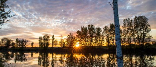 La missione di Valle di Assisi Tramonto con riflessi di alberi su un lago calmo